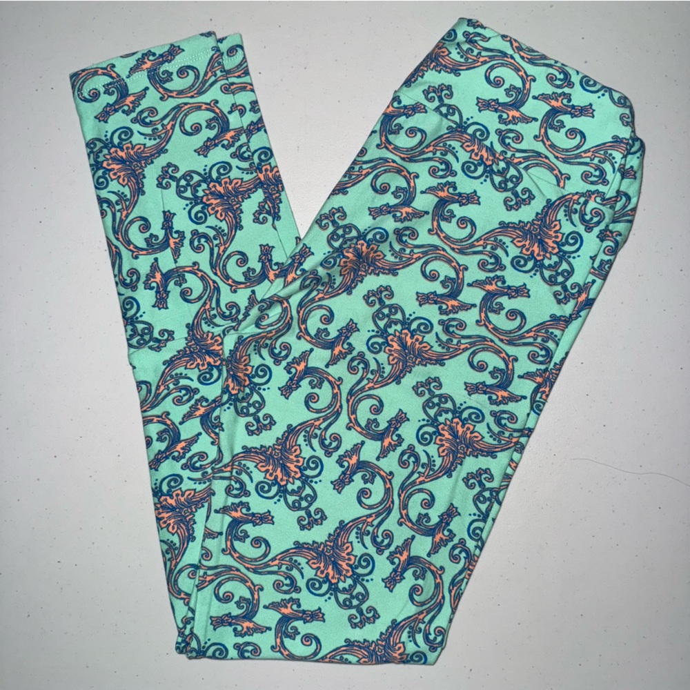 LuLaRoe Leggings One Size OS Teal Peach‎ Swirl Damask Scroll Print Pants